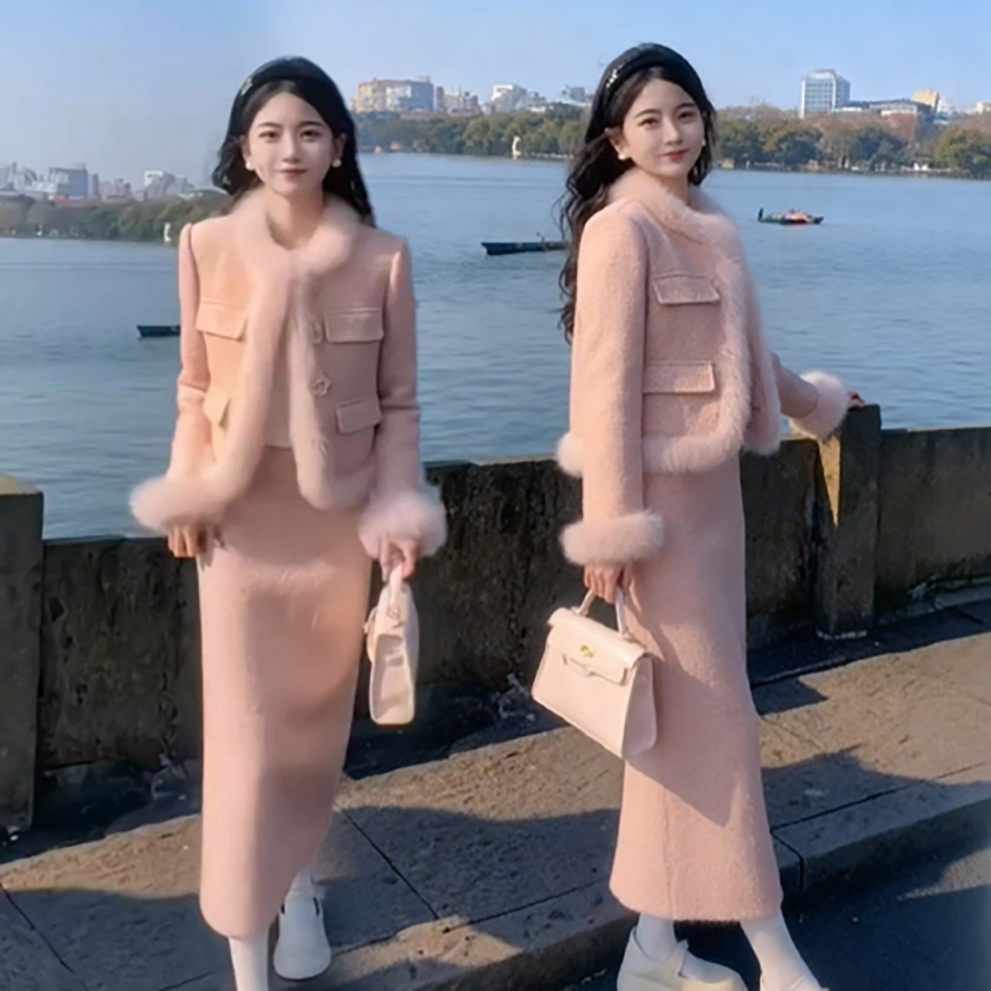 2025冬季兔毛拼接小香风套装女新款加厚保暖短款外套半身裙一整套,淘宝优惠券,粉丝福利购,淘宝优惠卷