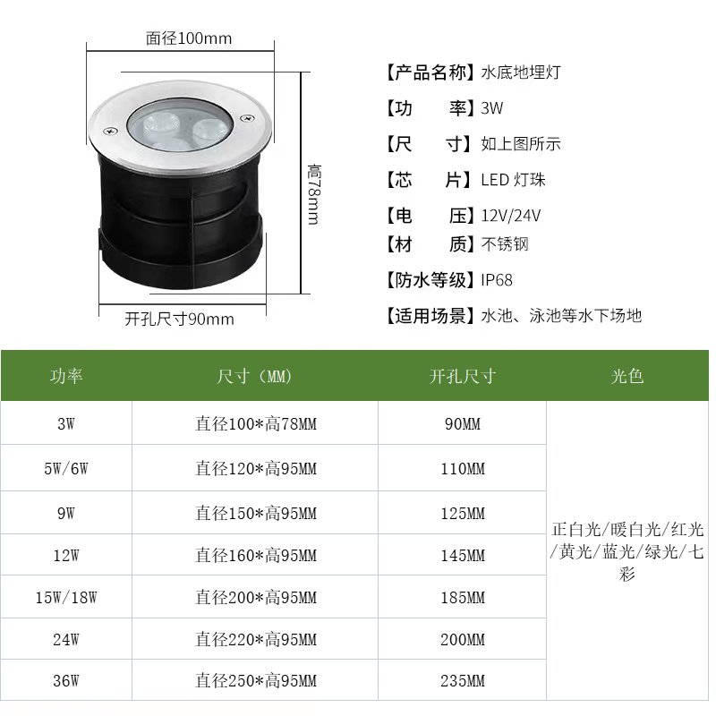 水底地埋灯led水下防水水池嵌入式不锈钢12V24v景观鱼池灯泳池灯