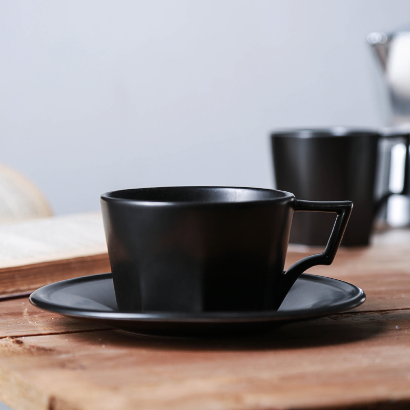 日式几何黑色哑光陶瓷杯碟勺拿铁咖啡杯套装马克杯-图0