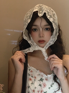 法式田园风头巾白色蕾丝三角巾头巾发带法式包头时尚拍照网红花朵