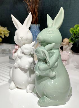 新品瓷兔亲子摆件套装高度25/非偏满23包邮部分瑕