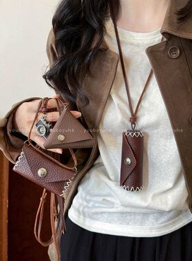 美拉德咖色牛皮绳包包吊坠项链女小众设计挂绳毛衣链复古装饰配饰