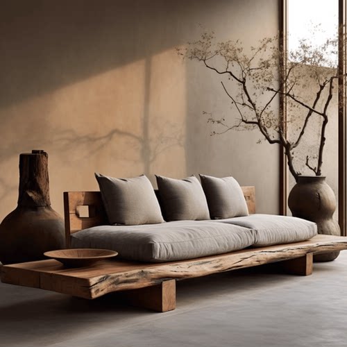 侘寂风实木沙发民宿酒店原木定制高端极简直排大堂中古床禅意家具 - 图2