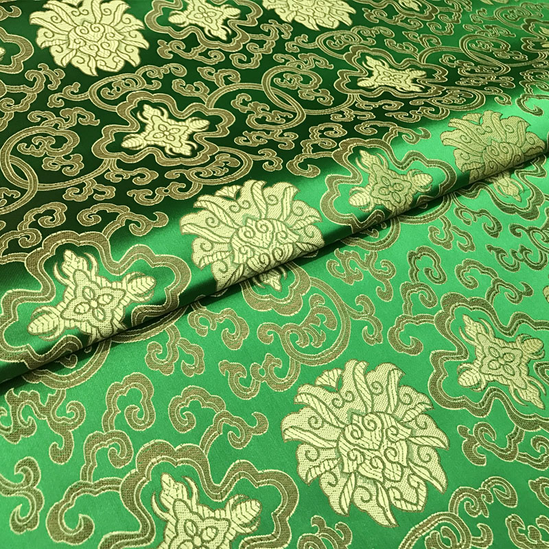 绿色古典元宝如意富贵花纹织锦缎面料/中式家居旗袍靠枕抱枕布料
