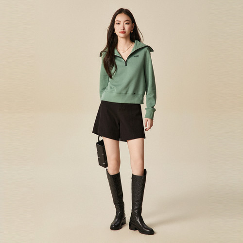 xg雪歌半拉链圆领套头卫衣女冬2024新款休闲宽松上衣XJ401067A541 - 图0