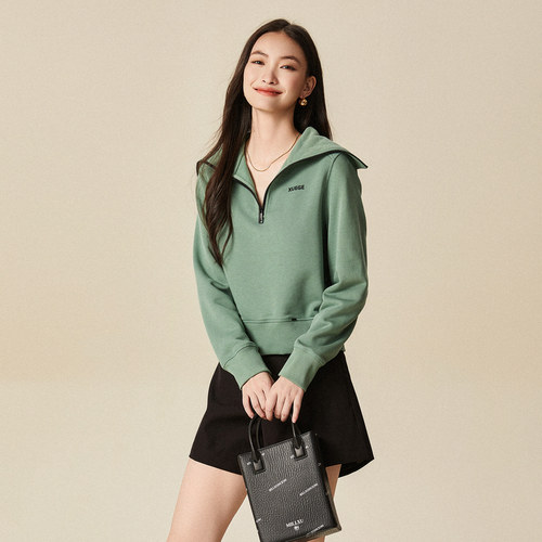 xg雪歌半拉链圆领套头卫衣女冬2024新款休闲宽松上衣XJ401067A541 - 图1
