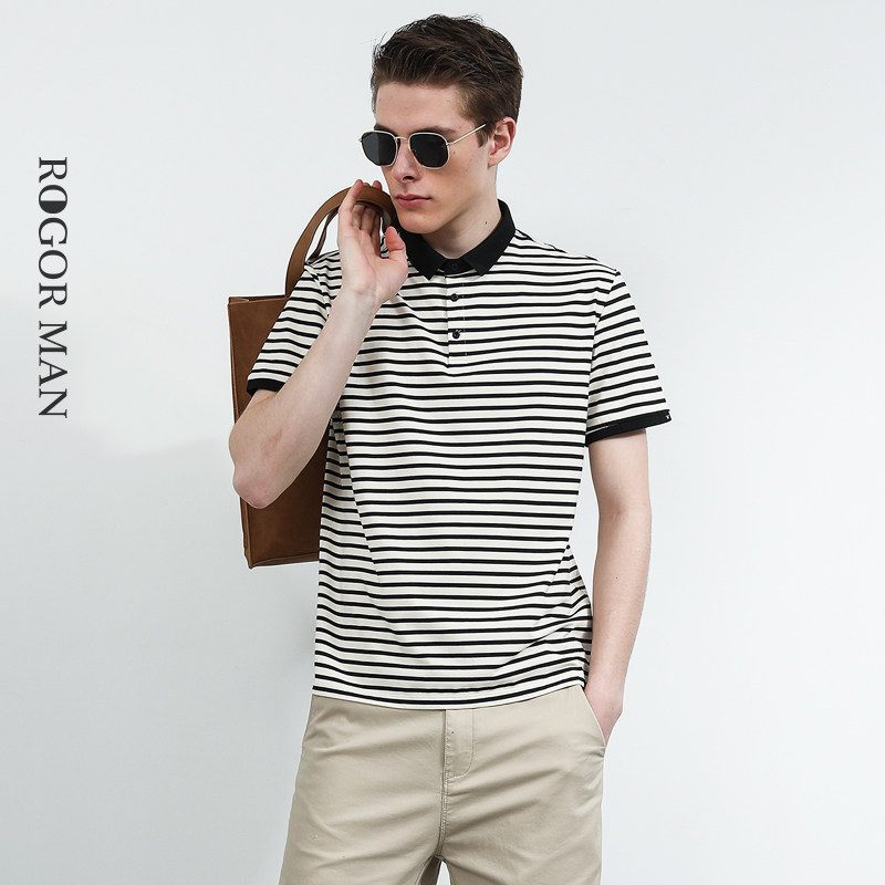 条纹男短袖潮牌轻商务休闲polo衫 rogormanPolo衫