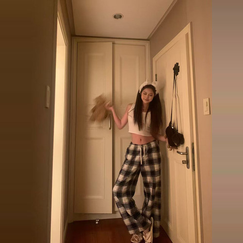 sunn21 美式复古格子裤女早春新款低腰显瘦设计感抽绳直筒阔腿裤 - 图0