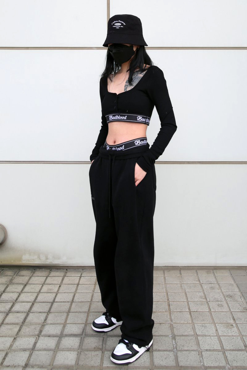 badblood字母边内衣外穿运动风辣妹超短长袖短上衣棉质文胸衣女