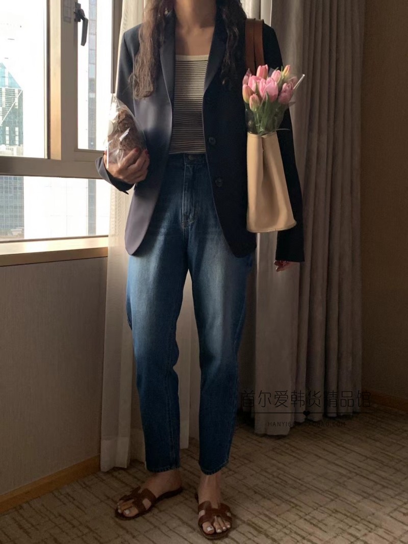 现~UNDERSON韩国代购小直筒牛仔裤女 春秋松紧腰磨白休闲显瘦裤子 - 图1