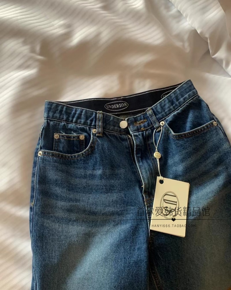 现~UNDERSON韩国代购小直筒牛仔裤女 春秋松紧腰磨白休闲显瘦裤子 - 图2