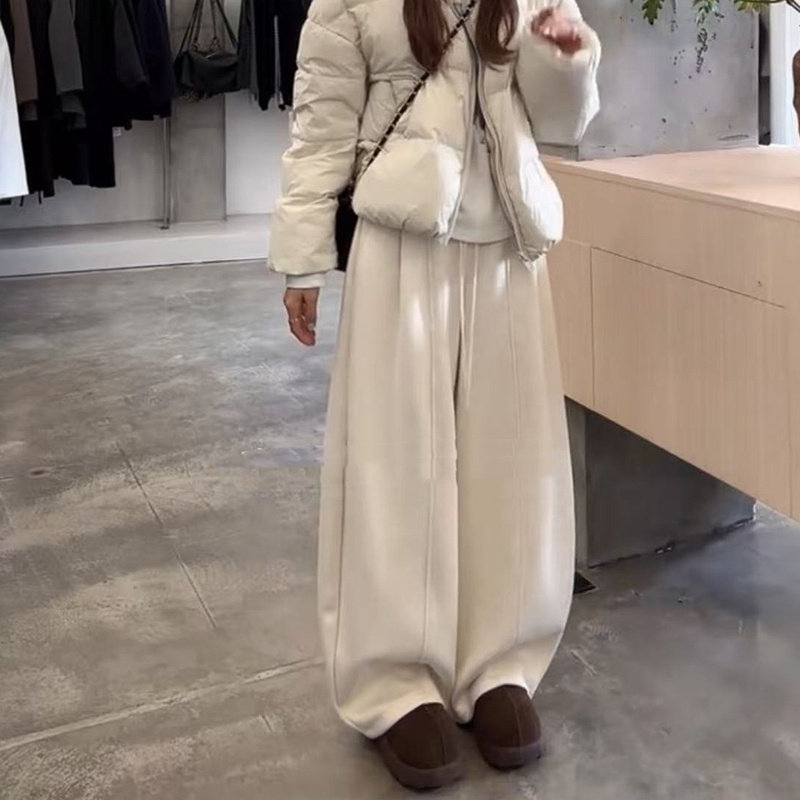 冬季纯色高腰显瘦垂感休闲裤卫裤女韩系新款加绒加厚阔腿裤弯刀裤,淘宝优惠券,粉丝福利购,淘宝优惠卷