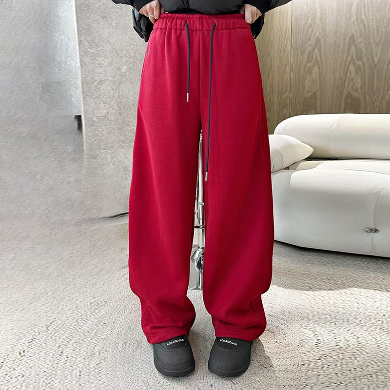 小马刺绣时髦百搭撞色抽绳弯刀卫裤女韩系秋冬加绒加厚新款阔腿裤 - 图0