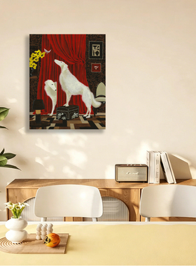 无框画Yukiko复古中古风红幕白色灵缇餐厅小众艺术客厅装饰画挂画