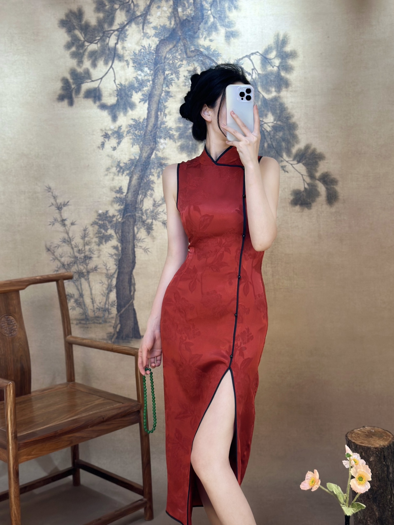 新中式原创设计高级感旗袍订婚敬酒服国风显瘦显白真丝开叉连衣裙-图3