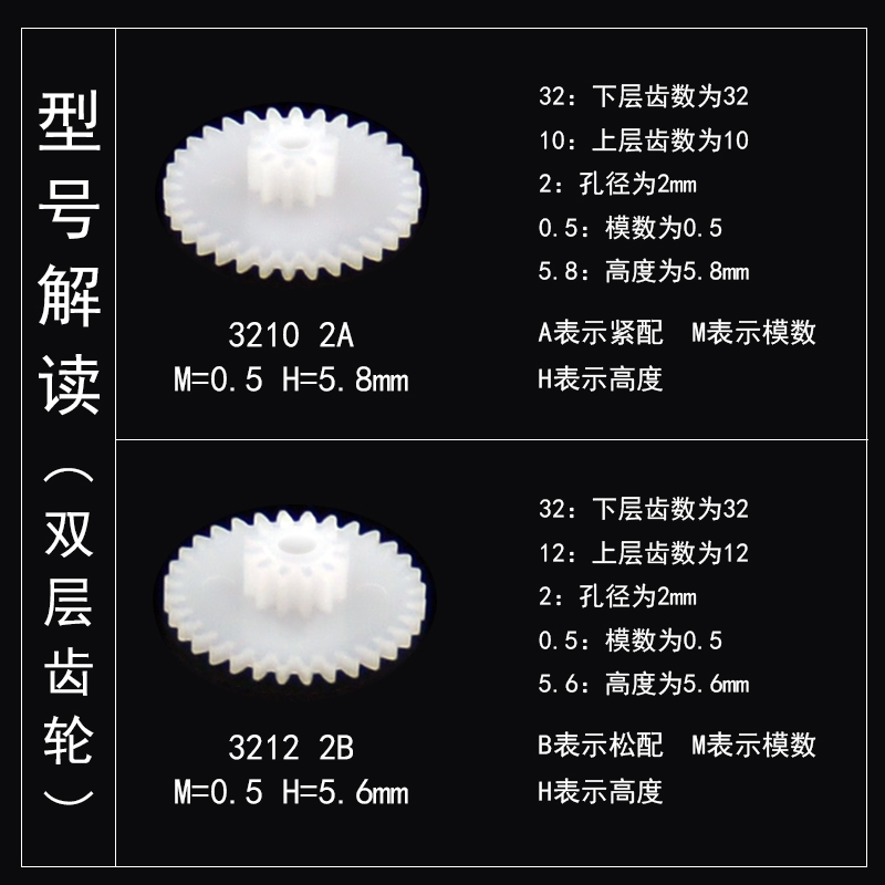 玩具日用家电DIY维修 可定制塑料齿轮配件 双层圆柱叠齿0.5M模2厘