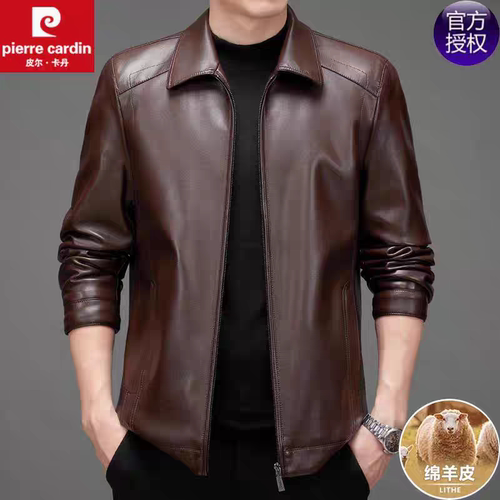 皮尔卡丹真皮绵羊皮衣加绒短款中青年爸爸装男士软皮夹克加厚外套 - 图0