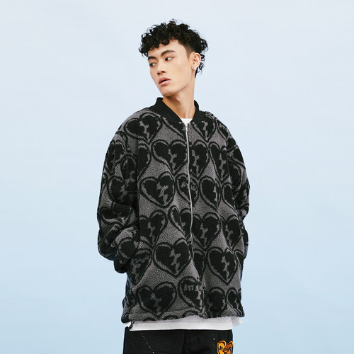 A11SLAVE 爱心心碎满印高街嘻哈潮流宽松情侣男女羊羔绒外套夹克 - 图2