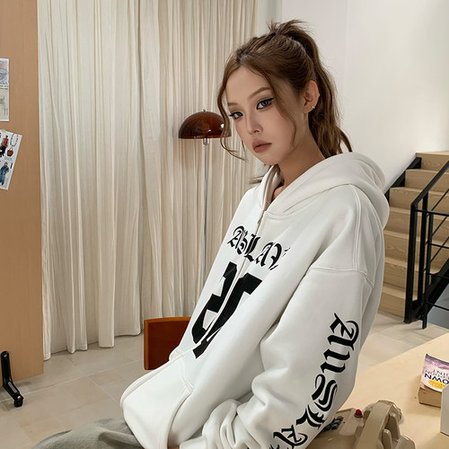 A11SLAVE美式复古梵文印花秋冬季拉帽卫衣宽松拉链开衫情侣款外套 - 图3