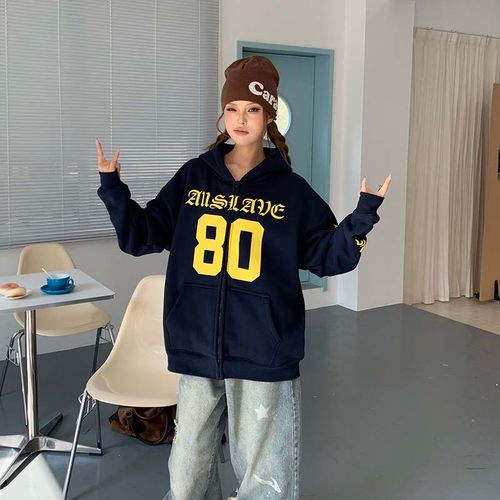 A11SLAVE美式复古梵文印花秋冬季拉帽卫衣宽松拉链开衫情侣款外套 - 图2