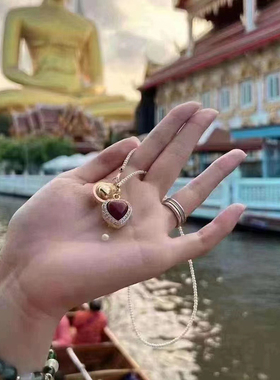 泰国正品佛牌 富婆膏原庙 红色心形镶钻吊坠项链女2024特色项链