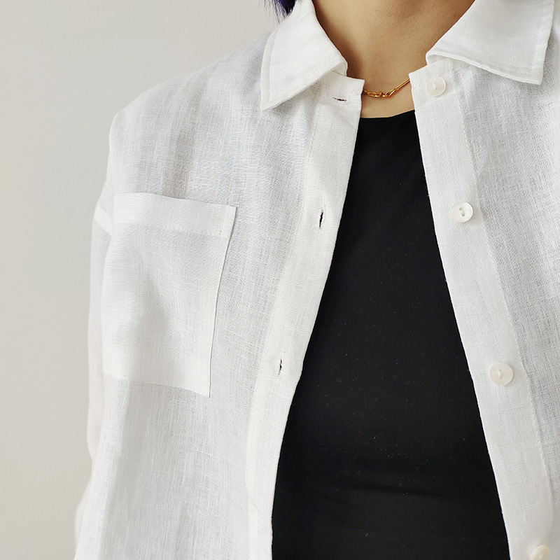 法式汉麻白色Polo领长袖衬衫简约设计感纯色春季可防晒