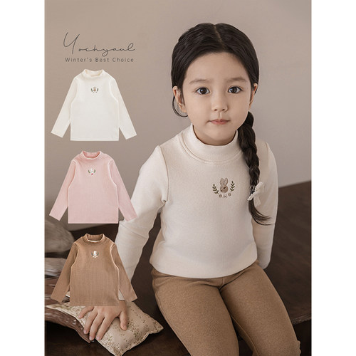 幼悠 女童花花小兔绣花半高领打底衫冬季童趣可爱软糯回弹休闲T恤 - 图1