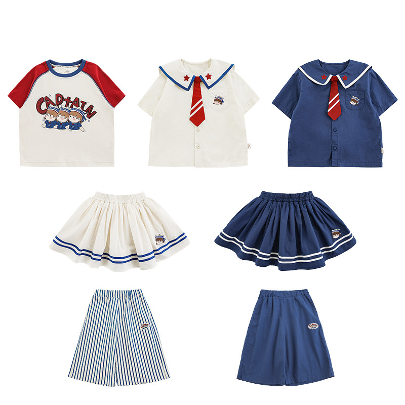 幼悠女童海军风安安系列夏季清爽透气百褶裙插肩撞色短袖多件套潮,淘宝优惠券,粉丝福利购,淘宝优惠卷