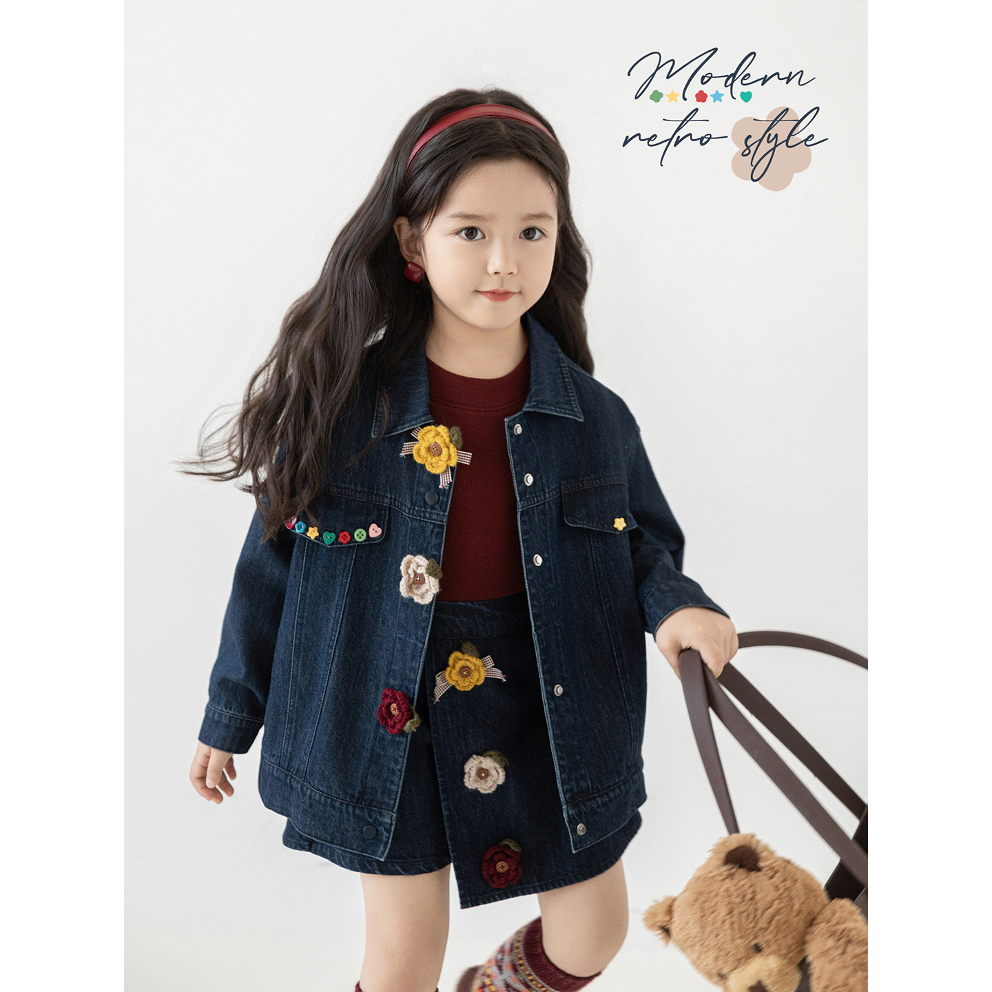 幼悠女童摩登复古风牛仔套装2025秋季甜美俏皮牛仔外套假两件裙裤,淘宝优惠券,粉丝福利购,淘宝优惠卷