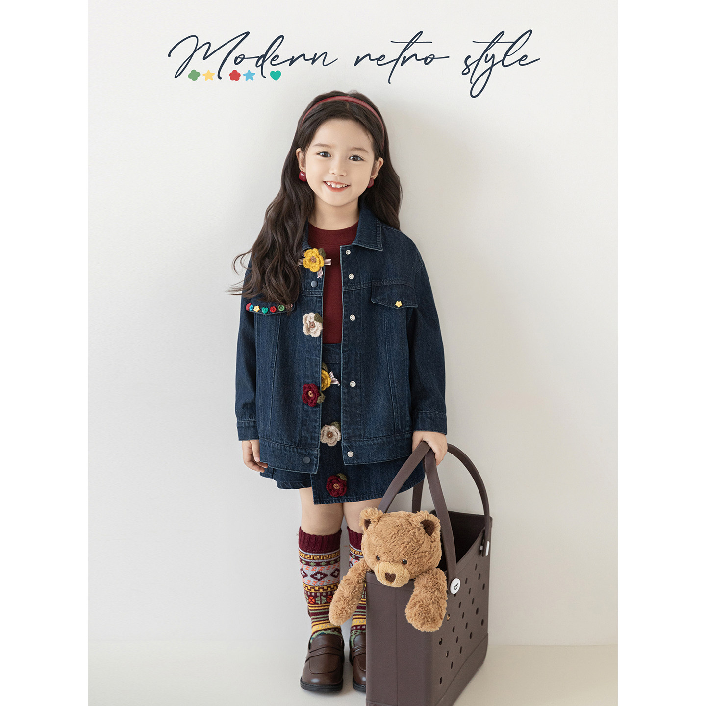 幼悠女童摩登复古风牛仔套装2025秋季甜美俏皮牛仔外套假两件裙裤,淘宝优惠券,粉丝福利购,淘宝优惠卷