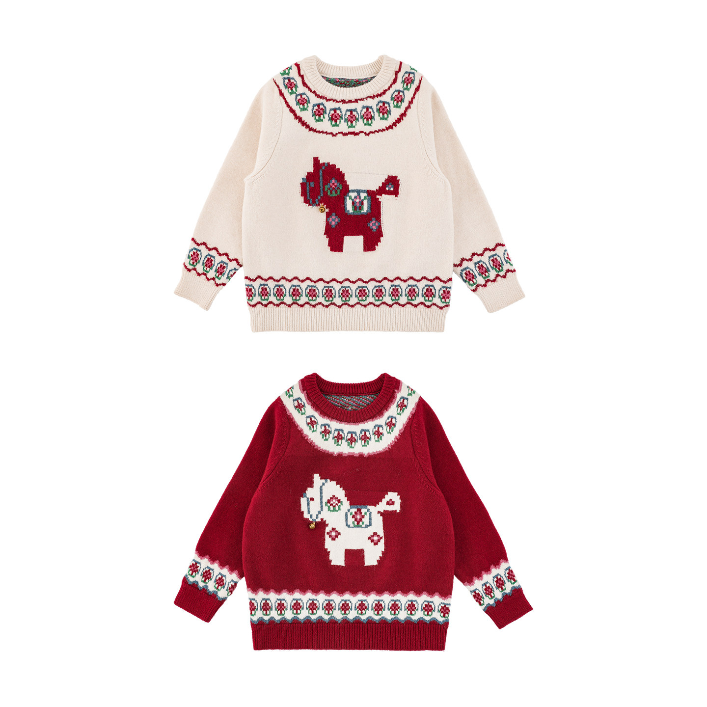 幼悠女童2025冬季新款小马提花圆领毛衣厚实保暖儿童可爱年服上衣,淘宝优惠券,粉丝福利购,淘宝优惠卷