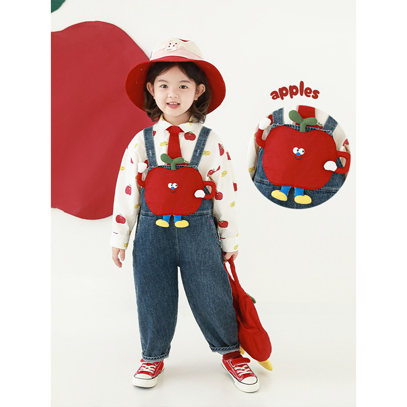 幼悠女童 苹果达人系列2025春季简洁翻领衬衫撞色插肩袖T恤多件套,淘宝优惠券,粉丝福利购,淘宝优惠卷