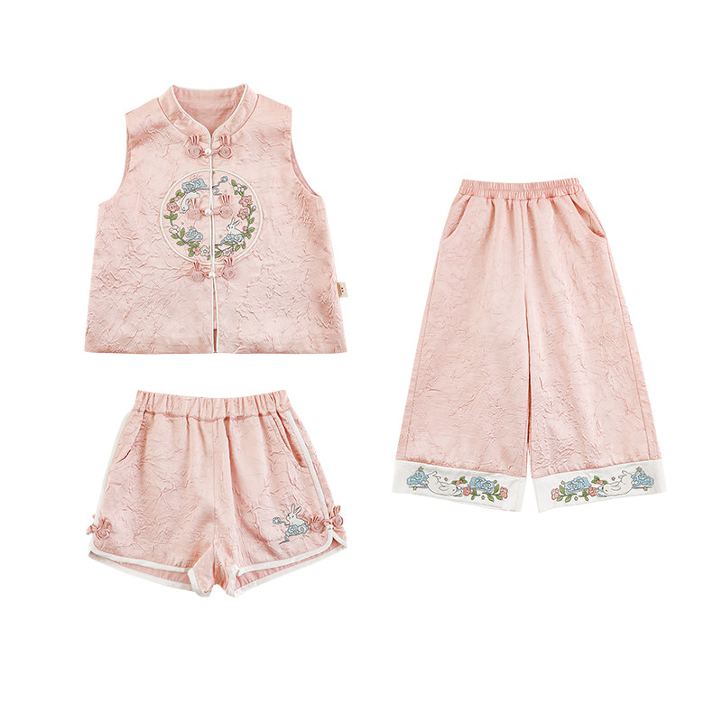 幼悠女童新中式套装夏季简洁旗袍立领马甲撞色包边清凉短裤多件套,淘宝优惠券,粉丝福利购,淘宝优惠卷