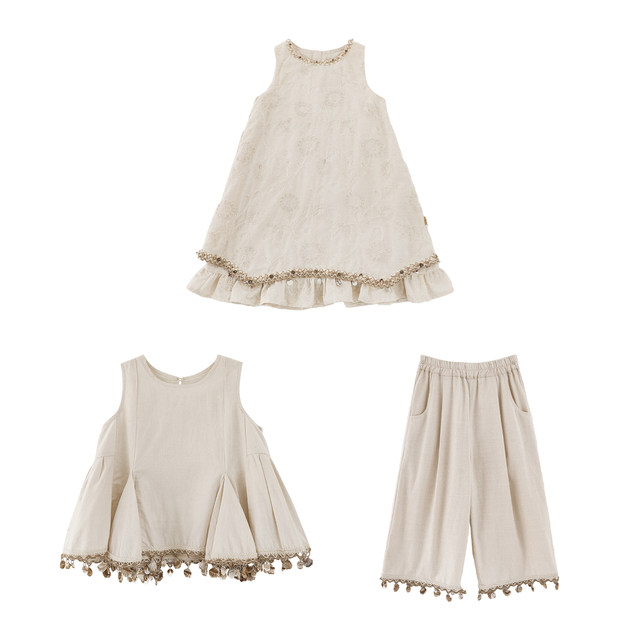 Youyou Girls Suit Summer Sleeveless Shell Ribbon Baby Sweater Jacquard Cotton Dress Nine-Point Pants