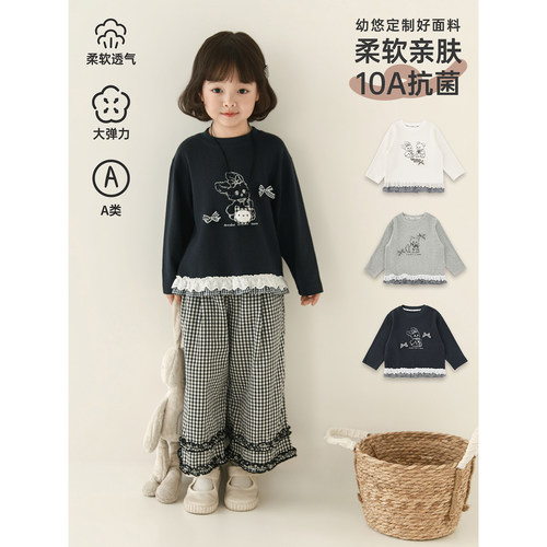 幼悠女童2026春季新款长袖圆领卡通t恤宽松百搭抗菌显瘦儿童上衣 - 图0