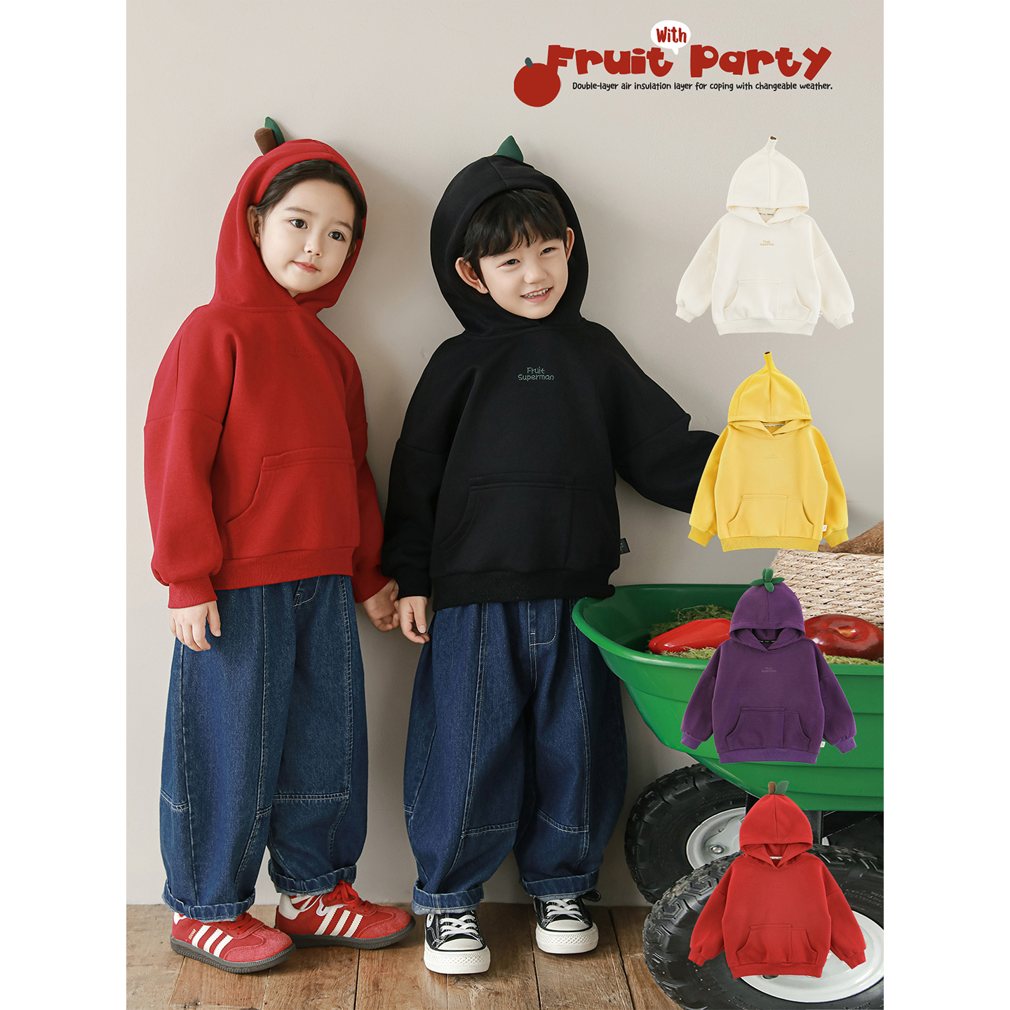 幼悠女童缤纷蔬果小超人卫衣2025秋季童趣可爱防风保暖连帽外套潮 - 图0