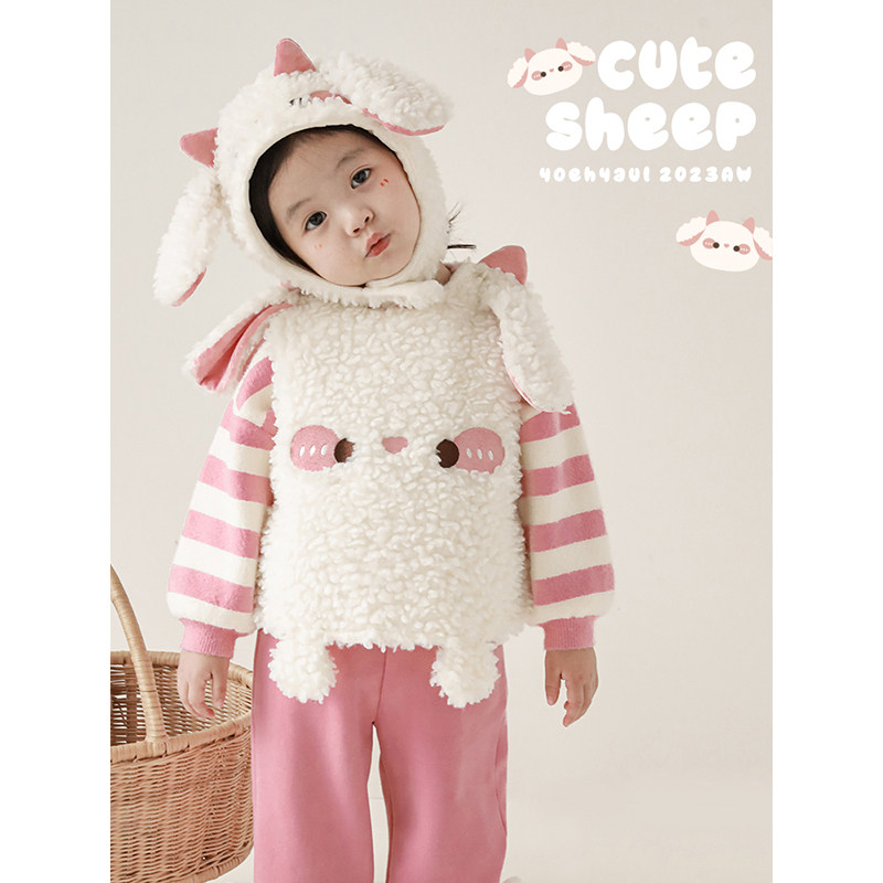 幼悠女童毛绒小羊系列加绒套装插肩连帽外套可调节背带裤多件套潮,淘宝优惠券,粉丝福利购,淘宝优惠卷