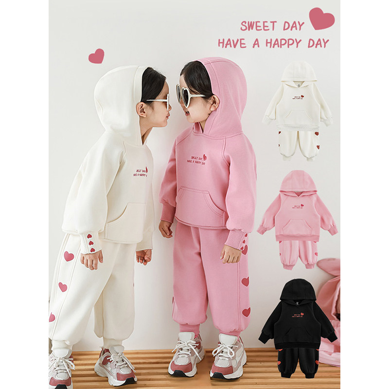 幼悠女童纯色爱心运动套装2025春秋防风休闲连帽卫衣卫裤两件套潮,淘宝优惠券,粉丝福利购,淘宝优惠卷