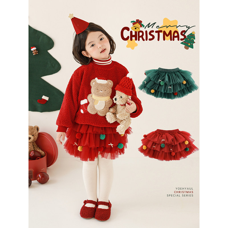 幼悠女童缤纷圣诞三层纱蛋糕裙2025冬季糖果毛球蝴蝶结保暖半身裙,淘宝优惠券,粉丝福利购,淘宝优惠卷
