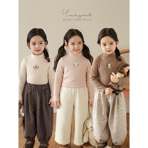 幼悠 女童花花小兔绣花半高领打底衫冬季童趣可爱软糯回弹休闲T恤 - 图0