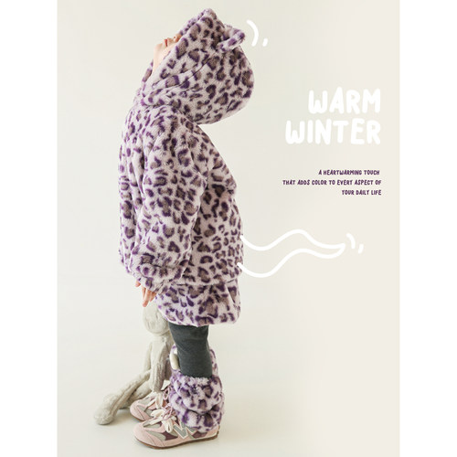 幼悠女童冬季套装加绒加厚紫色豹纹毛绒外套休闲裤子保暖堆堆袜套 - 图1