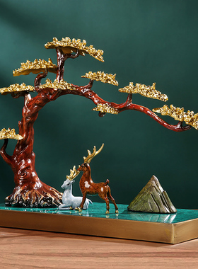 铜一家  新中式全铜迎客松摆件玄关边柜装饰品办公室造景客厅禅意