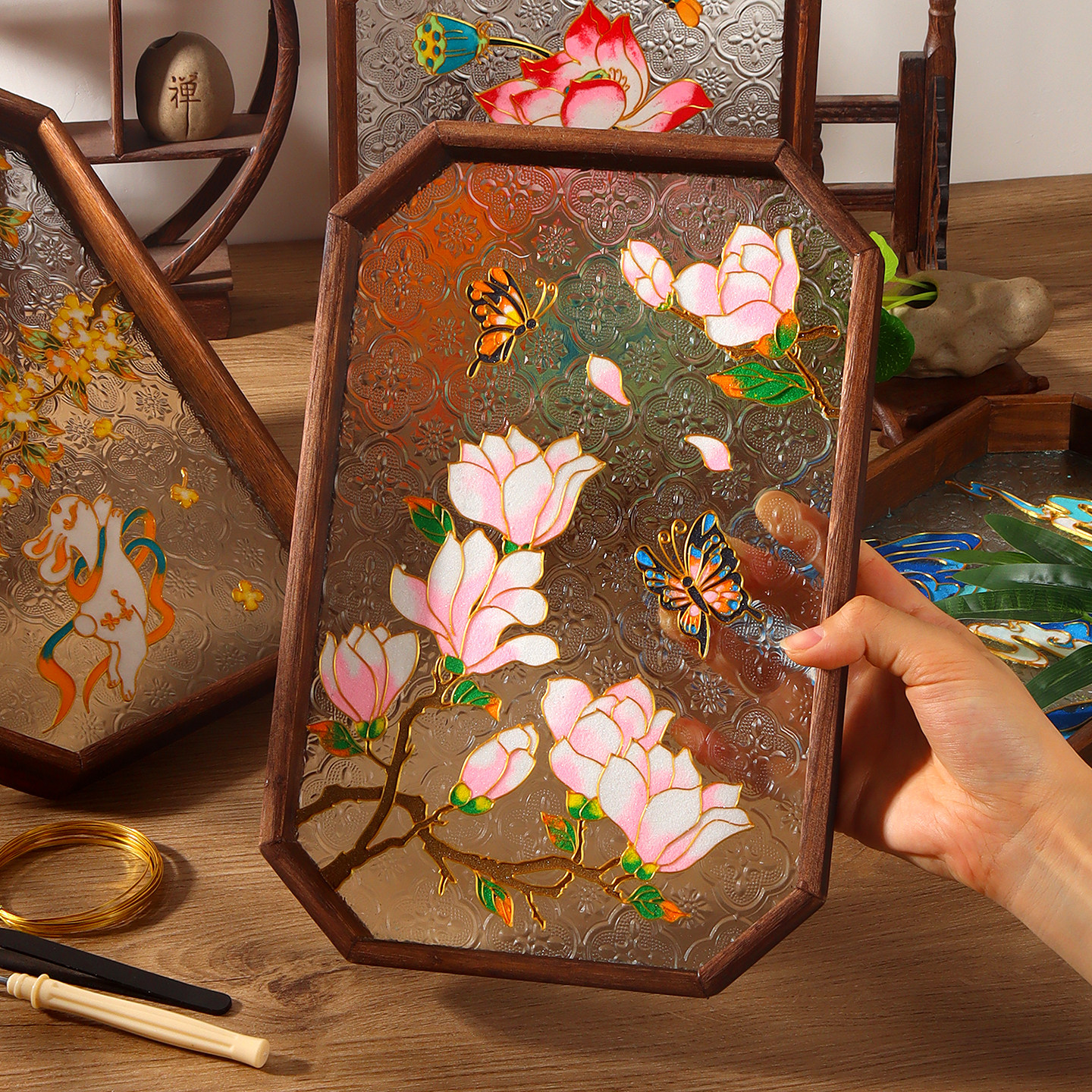 免掐丝 茶盘掐丝珐琅非遗景泰蓝胡桃木玻璃托盘好运锦鲤手工礼物,淘宝优惠券,粉丝福利购,淘宝优惠卷