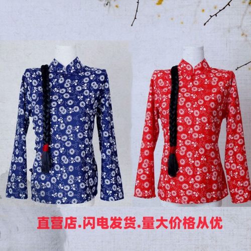 村姑花衣服网红加肥加大碎花农村妇女韩英上衣京剧大码农民演出服 - 图0