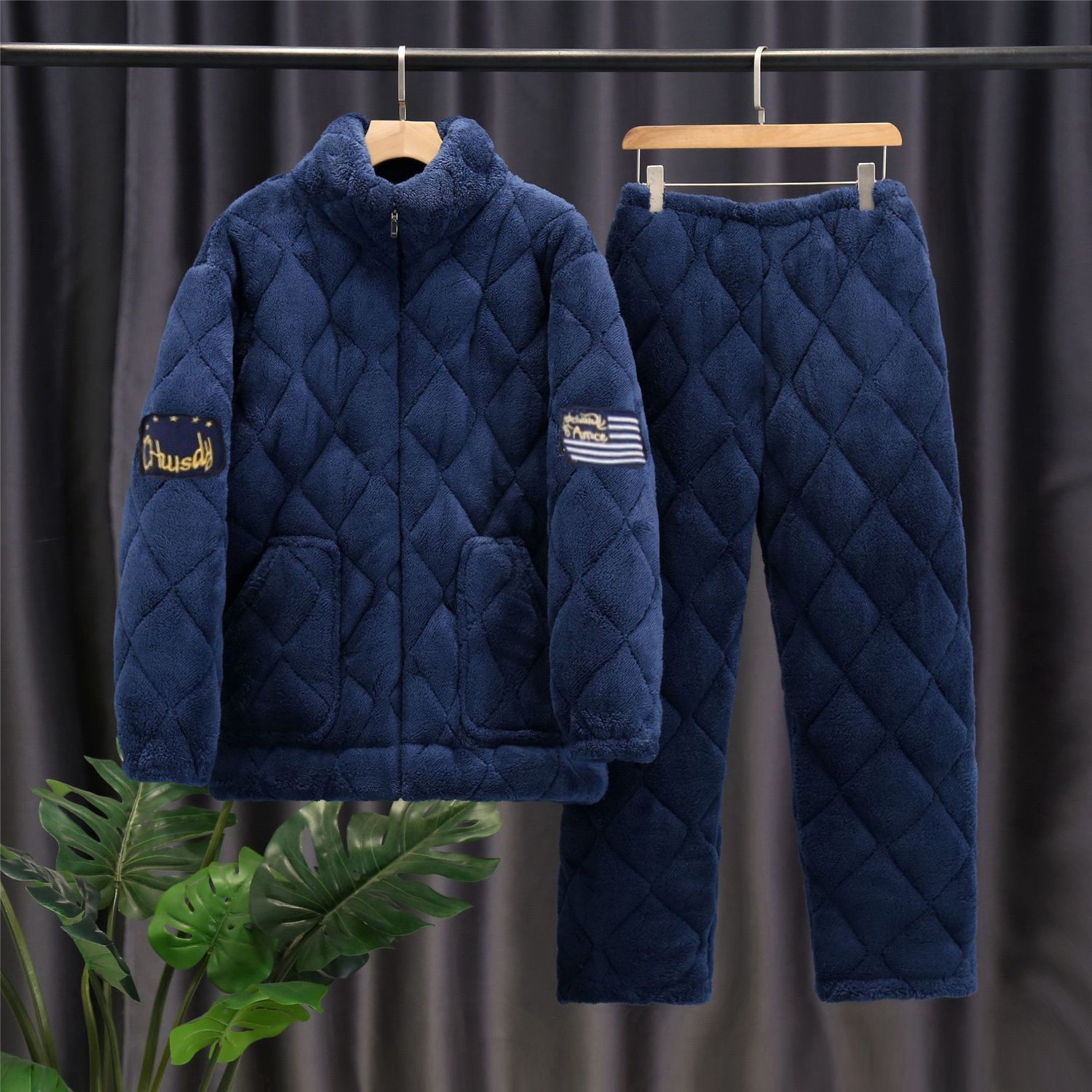 冬季男士三层加厚珊瑚绒夹棉睡衣加绒中老年棉袄法兰绒家居服套装,淘宝优惠券,粉丝福利购,淘宝优惠卷