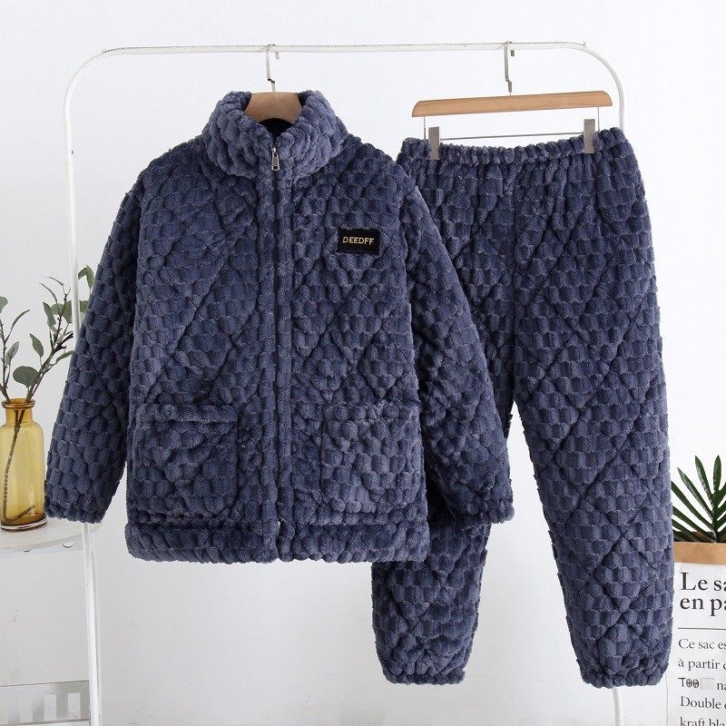 睡衣男冬加厚保暖拉链三层夹棉珊瑚绒大码外穿家居服套装立领纯色,淘宝优惠券,粉丝福利购,淘宝优惠卷