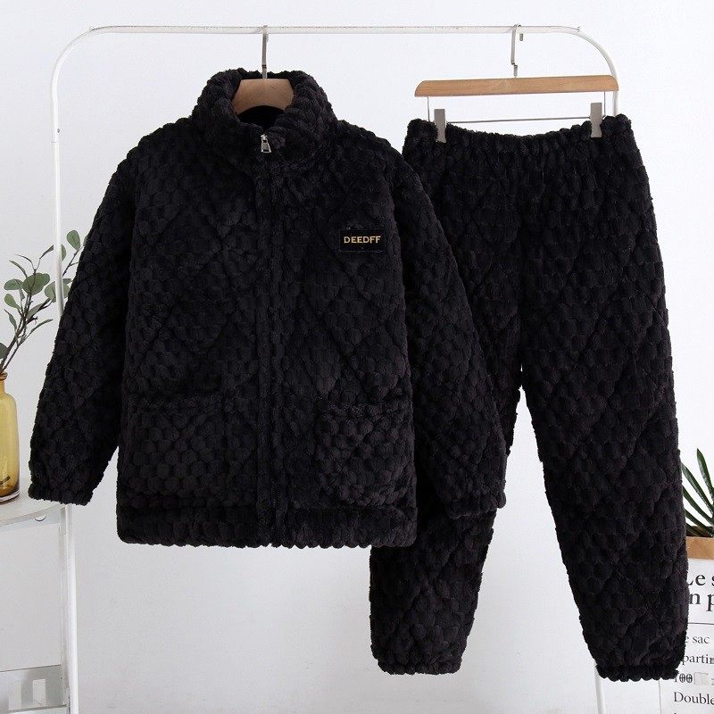 睡衣男冬加厚保暖拉链三层夹棉珊瑚绒大码外穿家居服套装立领纯色,淘宝优惠券,粉丝福利购,淘宝优惠卷