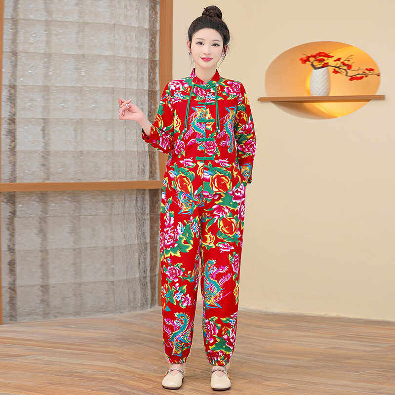 春秋季新款东北大花中式国风中老年大码上衣裤子套装女士打鼓衣服,淘宝优惠券,粉丝福利购,淘宝优惠卷