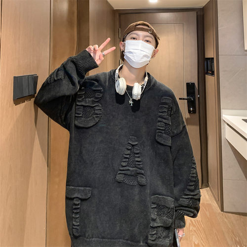 美式水洗做旧毛衣男冬季高级感宽松慵懒风针织外套大码内搭打底衫 - 图1