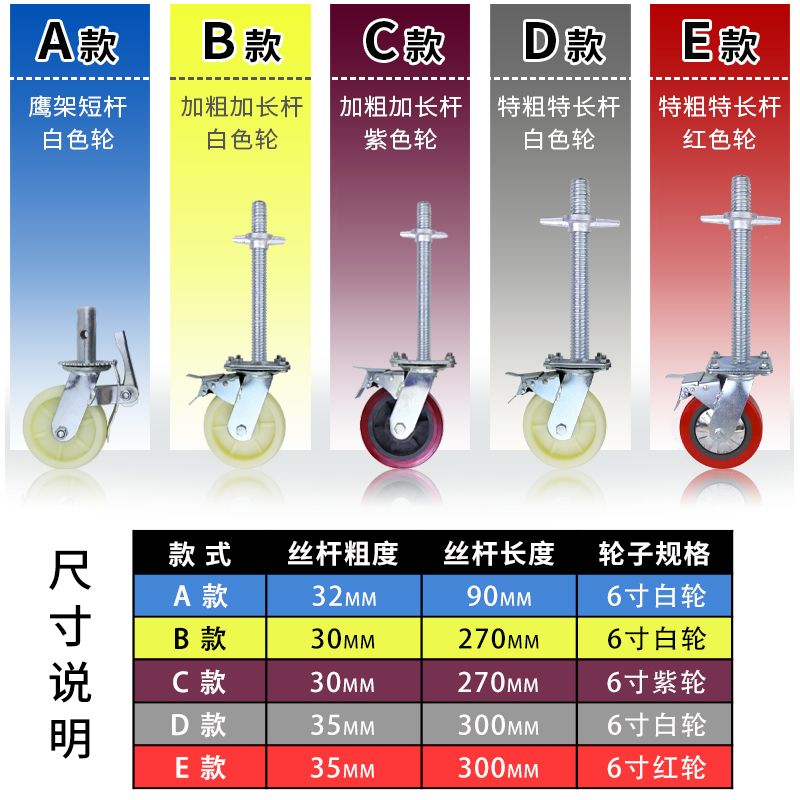 脚手架轮子厂家直销6寸8寸重型带加长丝杆刹车万向脚轮升降调节轮